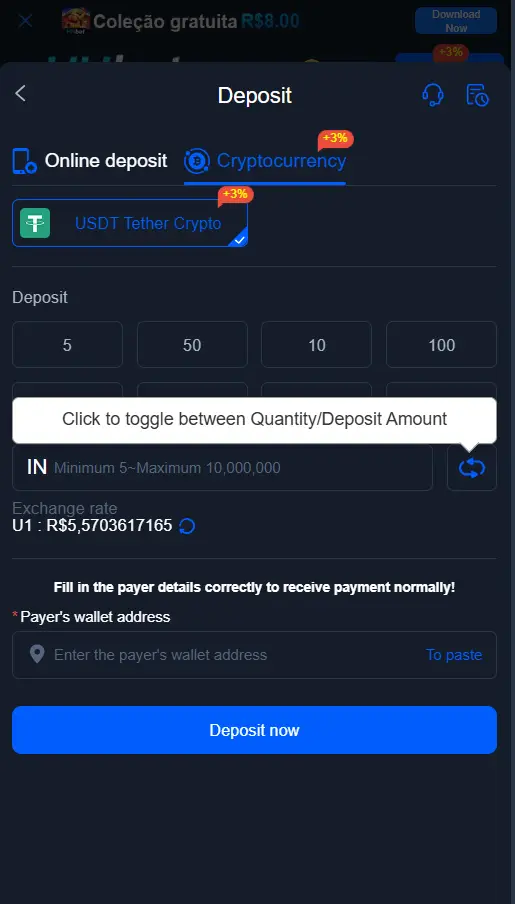 Passo 1: Selecionar Depósito por Criptomoeda HHBET